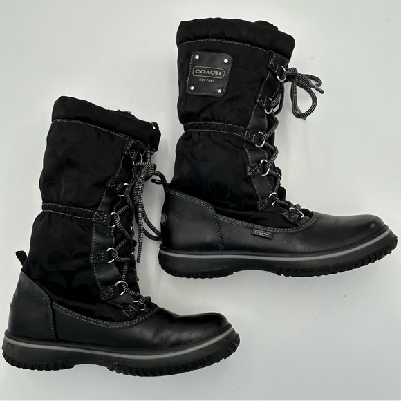 Coach Womens Shaine Snow Boot Size 5.5B Signature Leather Sherpa Nylon Black - Picture 4 of 14